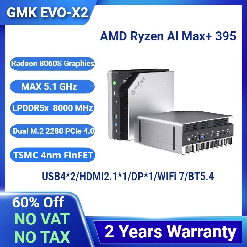 GMK EVO-X2 AI 395 MiniPC AMD Ryzen Al Max + 395 128GB LPDDR5X 8000MHz (16GB * 8) 2TB PCIe 4.0 SSD WiFi 7 BT5.4 Mini ordinateur de jeu